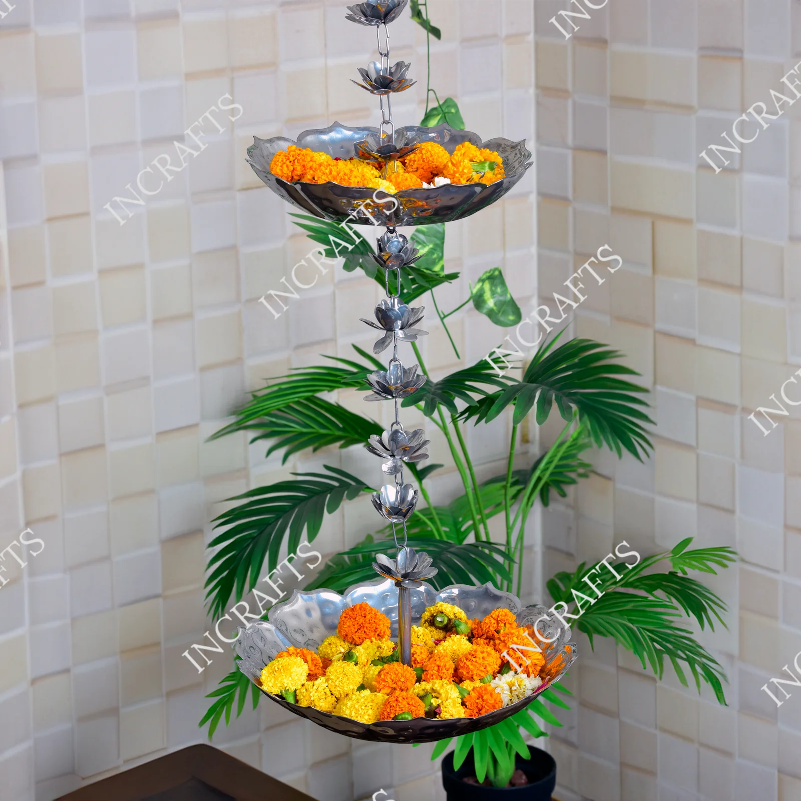 Luxury Floral Silver Finish Hanging Urli