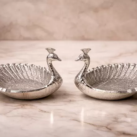 Silver Peacock Twin Bowl Set