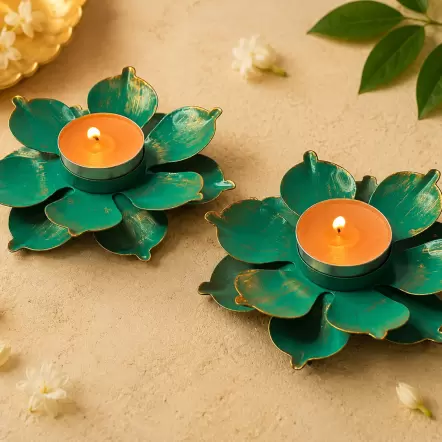 FLORAL SHAPED GREEN METAL DIYA (Set of 2)