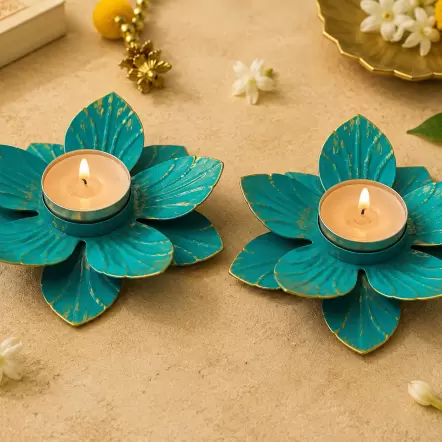 EMBOSSED SHAPED BLUE METAL DIYA (Set of 2)