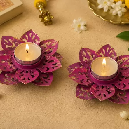 COTWORK SHAPED PINK METAL DIYA (Set of 2)