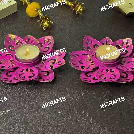 COTWORK SHAPED PINK METAL DIYA (Set of 2)