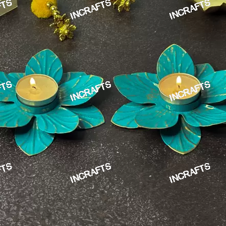 EMBOSSED SHAPED BLUE METAL DIYA (Set of 2)