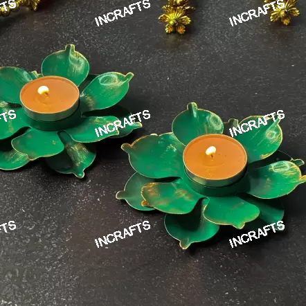 FLORAL SHAPED GREEN METAL DIYA (Set of 2)