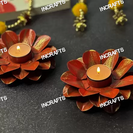 PETAL SHAPED ORANGE METAL DIYA (Set of 2)