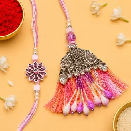 Designer Bhaiya Bhabhi Rakhi Combo Set with Metal Charms – Celebrate the Bond of Love