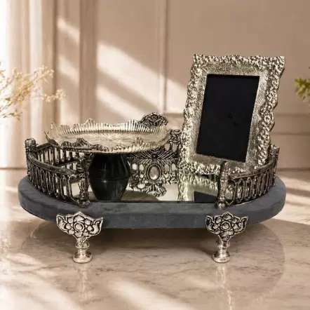 Royal Silver Decor Tray Set with Frame & Urli