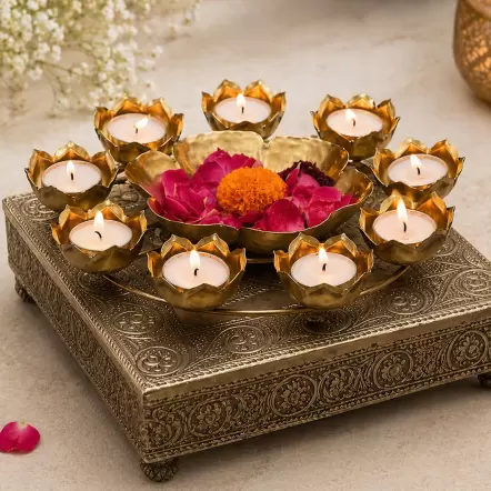 Golden Lotus Rangoli T-Light Decor with Urli