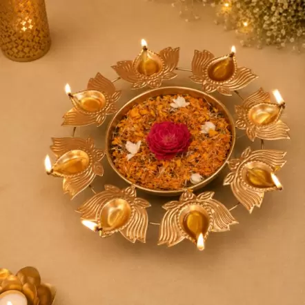 Handcrafted Metal Lotus Diya Urli Set 