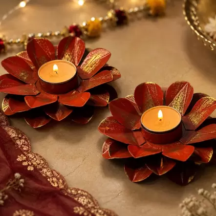 PETAL SHAPED ORANGE METAL DIYA (Set of 2)